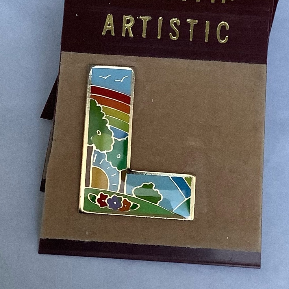 RARE FIND NWOT Vintage Cloisonné Rainbow “L” monogram brooch pin